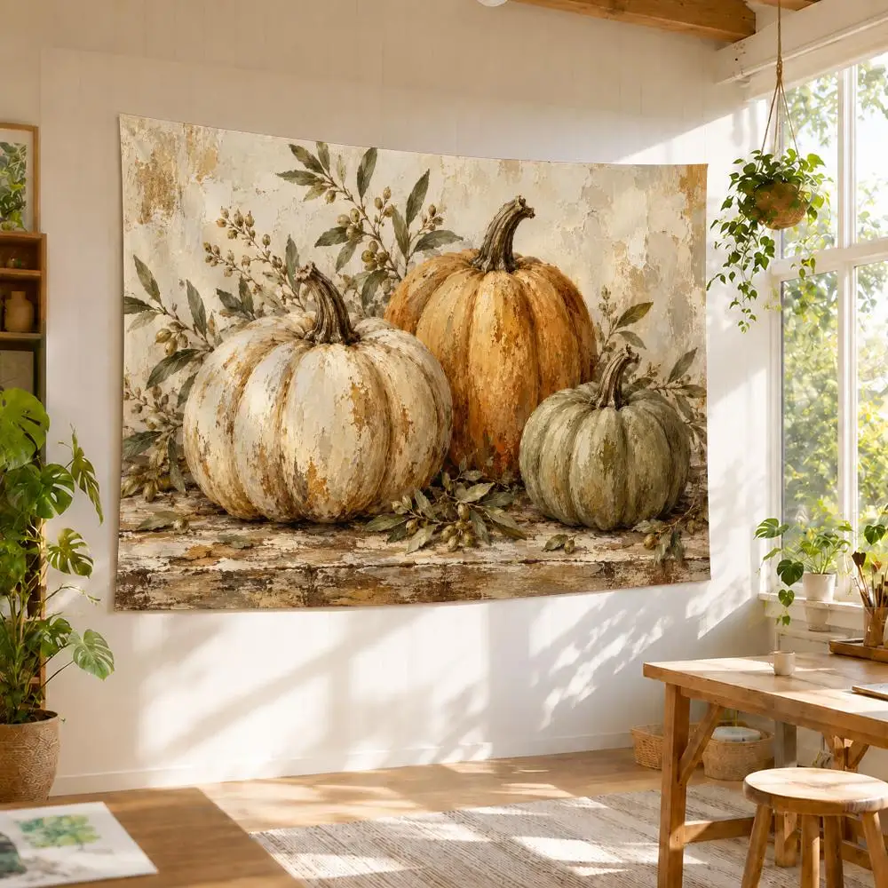 Rustic Autumn Pumpkins Tapestry Durable Soft Microfiber Horizontal Wall Hanging Decor For Bedroom Patio Garden Parties