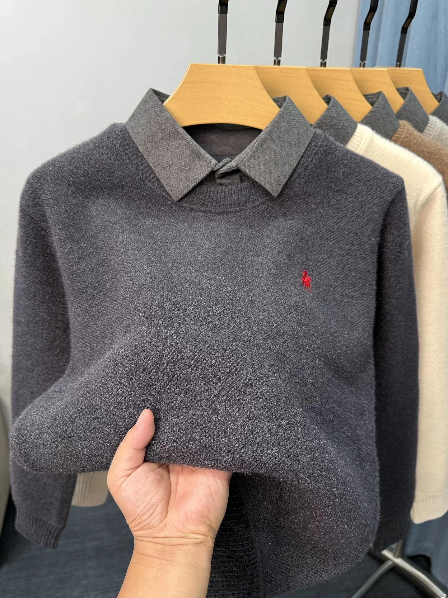 Suéter de cuello de camisa de moda de alta calidad marca de diseñador de alta gama exquisito bordado de pony Paul suéter de punto engrosado y cálido para hombres