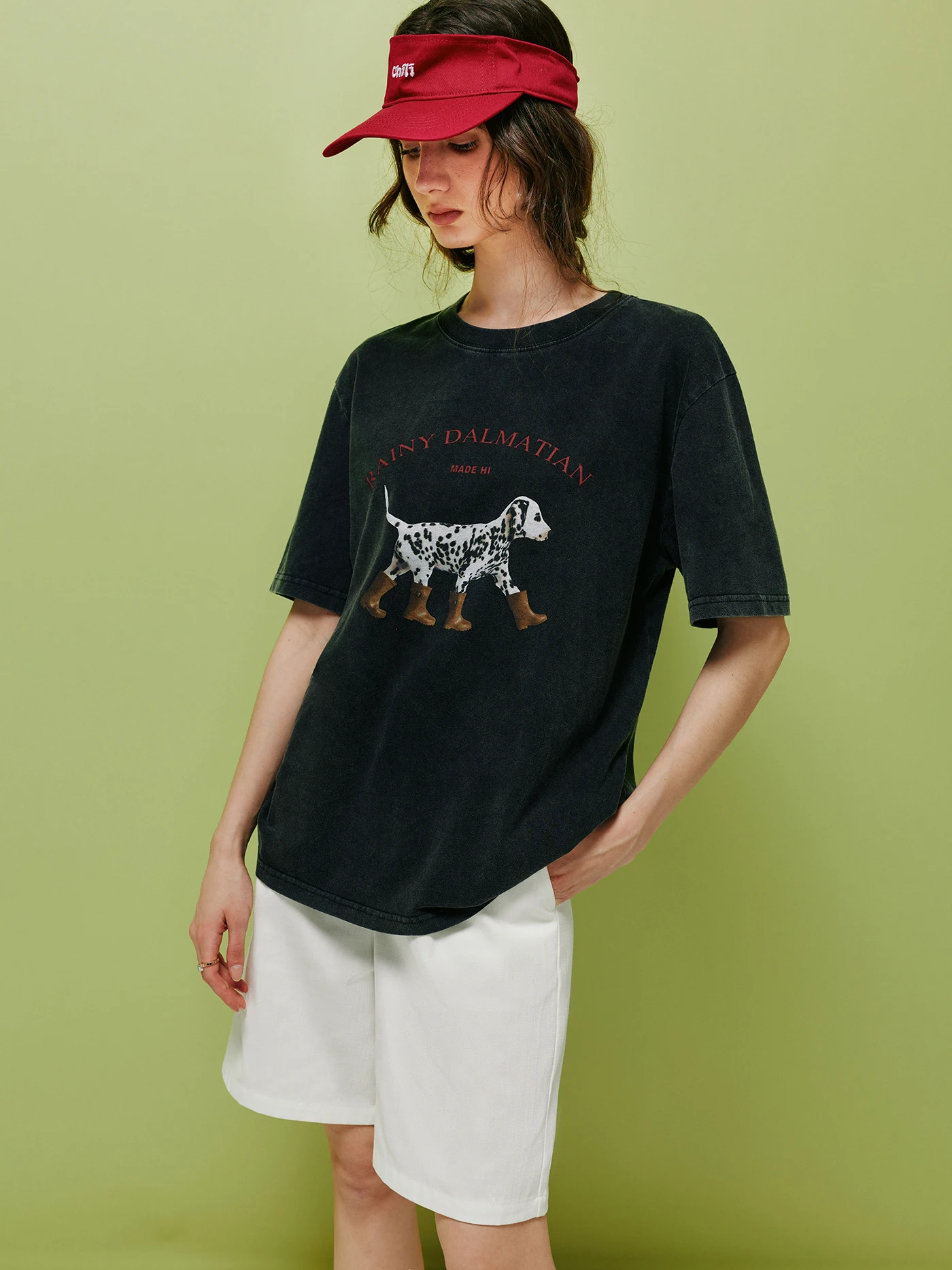 Trendy Spotted Dog Print Cotton T-Shirt Comfortable Loose Acid Wash Pure Letter Tee Breathable Short Sleeve round Neck Top