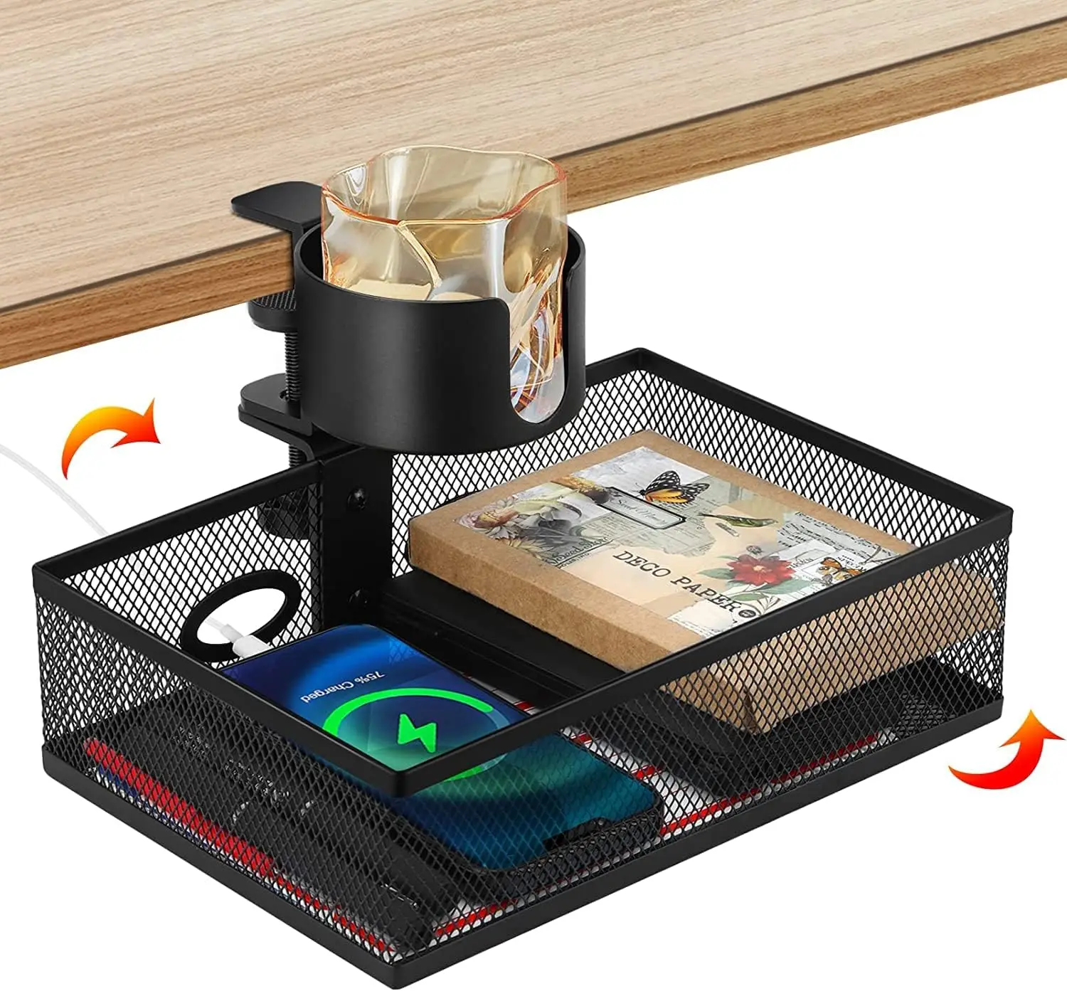 360-°-カップホルダー付きロータリーデスク引き出し、2-in-1こぼれ防止カップホルダー-収納ラック、パンチフリーメタル収納ボックス