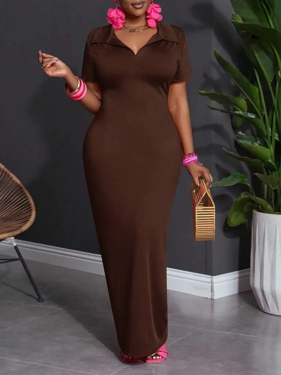 

Women Plus Size Casual Collar Short Sleeve Bodycon Maxi Dress Brown