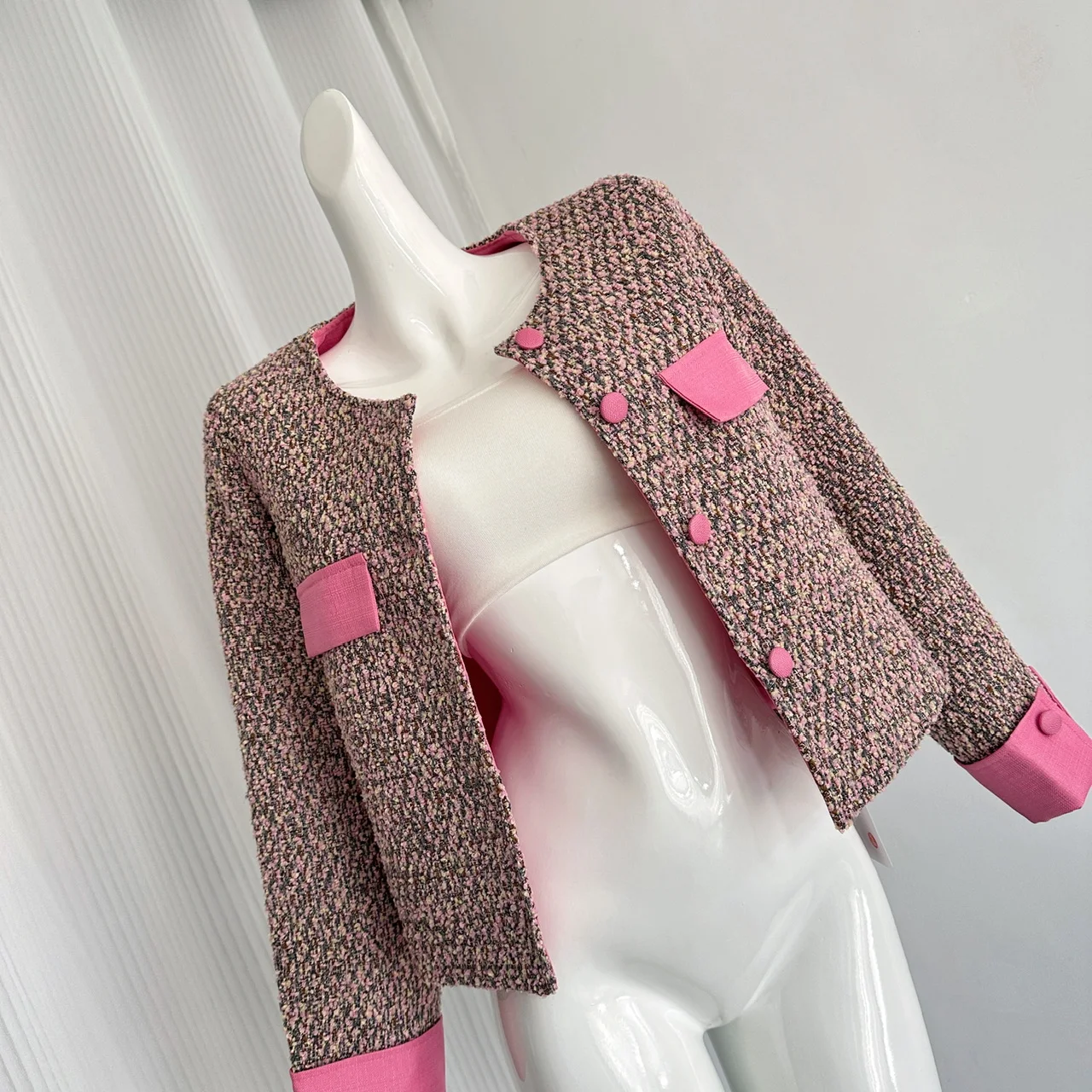Autumn New Coarse Tweed Fragrant Pink Short Jacket Women's Sweet Lapel Coats