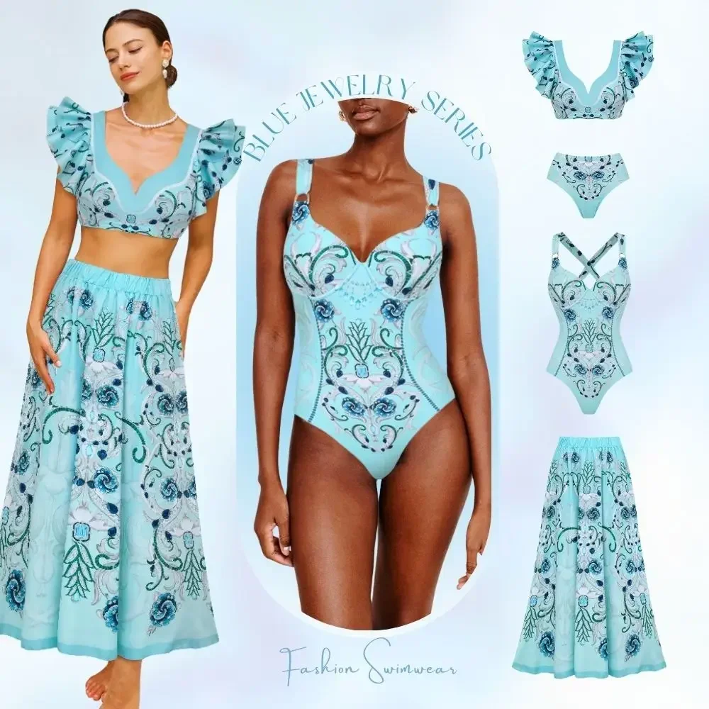 Flaxmaker Blue Jewelry Pattern Print Swimsuit and Sarong Flaxmaker Clearance Wholesale Bathing Suit two-pieces