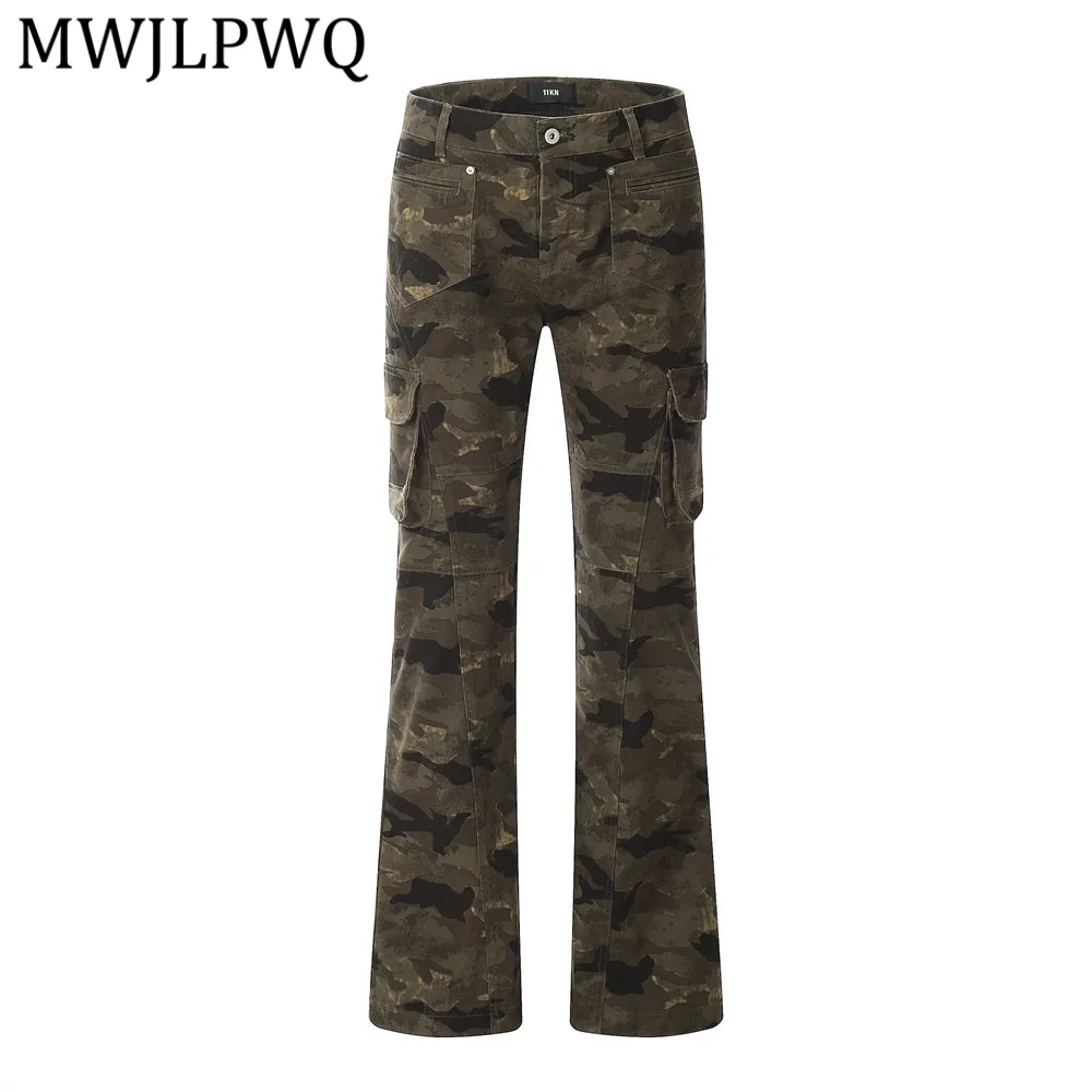MWJLPWQ American Retro Camouflage Multi-Pocket Trousers For Men High Street Hippie Design Slightly Flared Cargo Pants Chic 16027