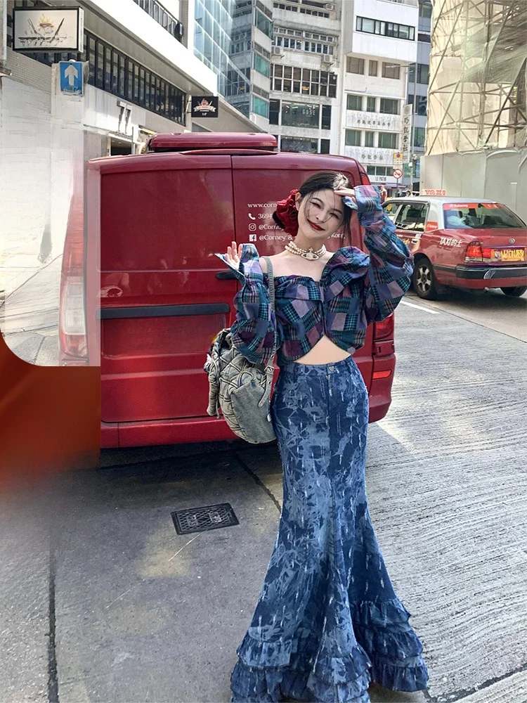 

WALKINK Oversize irt Plaid Color Blo Long Sve Waist Cinched Women's Original Design irt V-ne ort Length