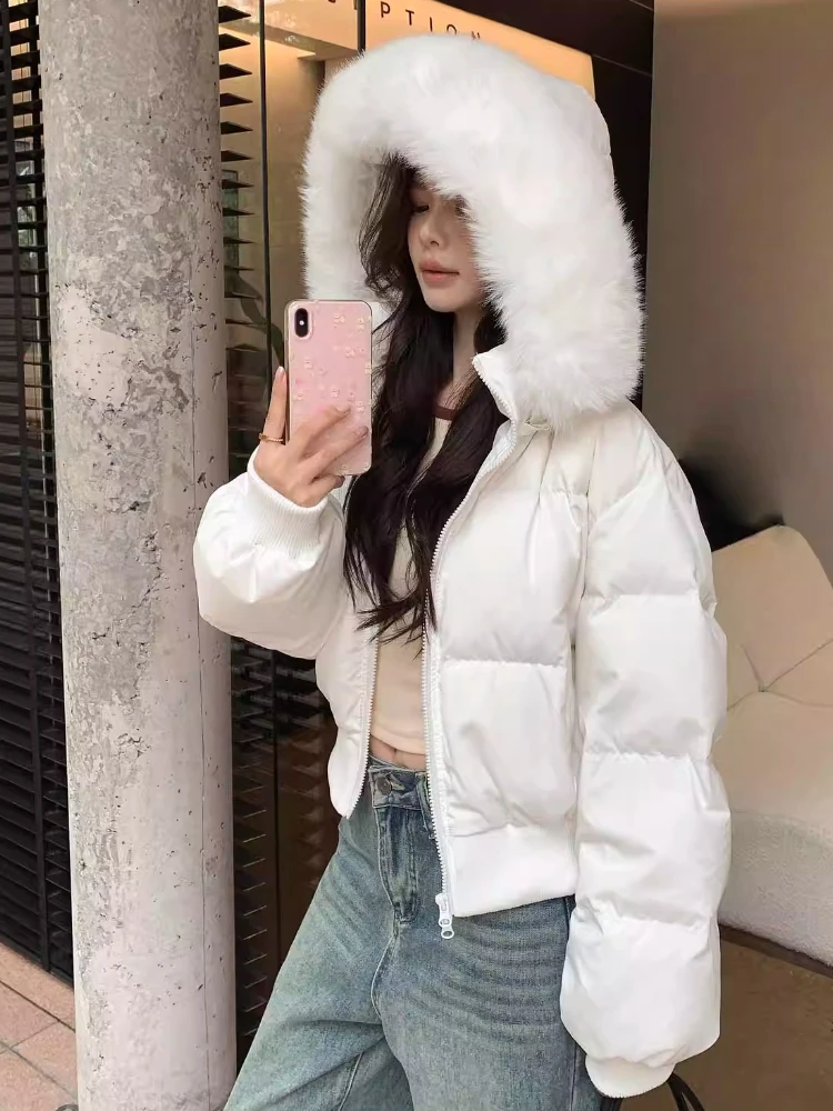 

Зимняя мода с меховым воротником, белая короткая куртка на молнии с капюшоном, женская повседневная утепленная теплая куртка Harajuku Y2k, элегантная милая уличная одежда