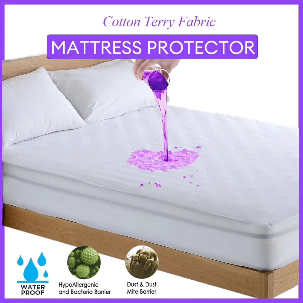 Waterproof Mattress Protector Cotton Terry Fabric Fitted Sheet Bed Cover Washable & Anti Mites