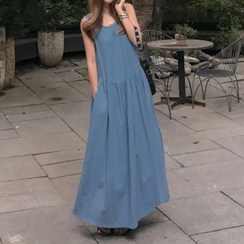 Gaun tanpa lengan leher bulat untuk wanita, ukuran besar katun dan Linen longgar, rompi panjang tidak beraturan, Saku, kasual, musim panas