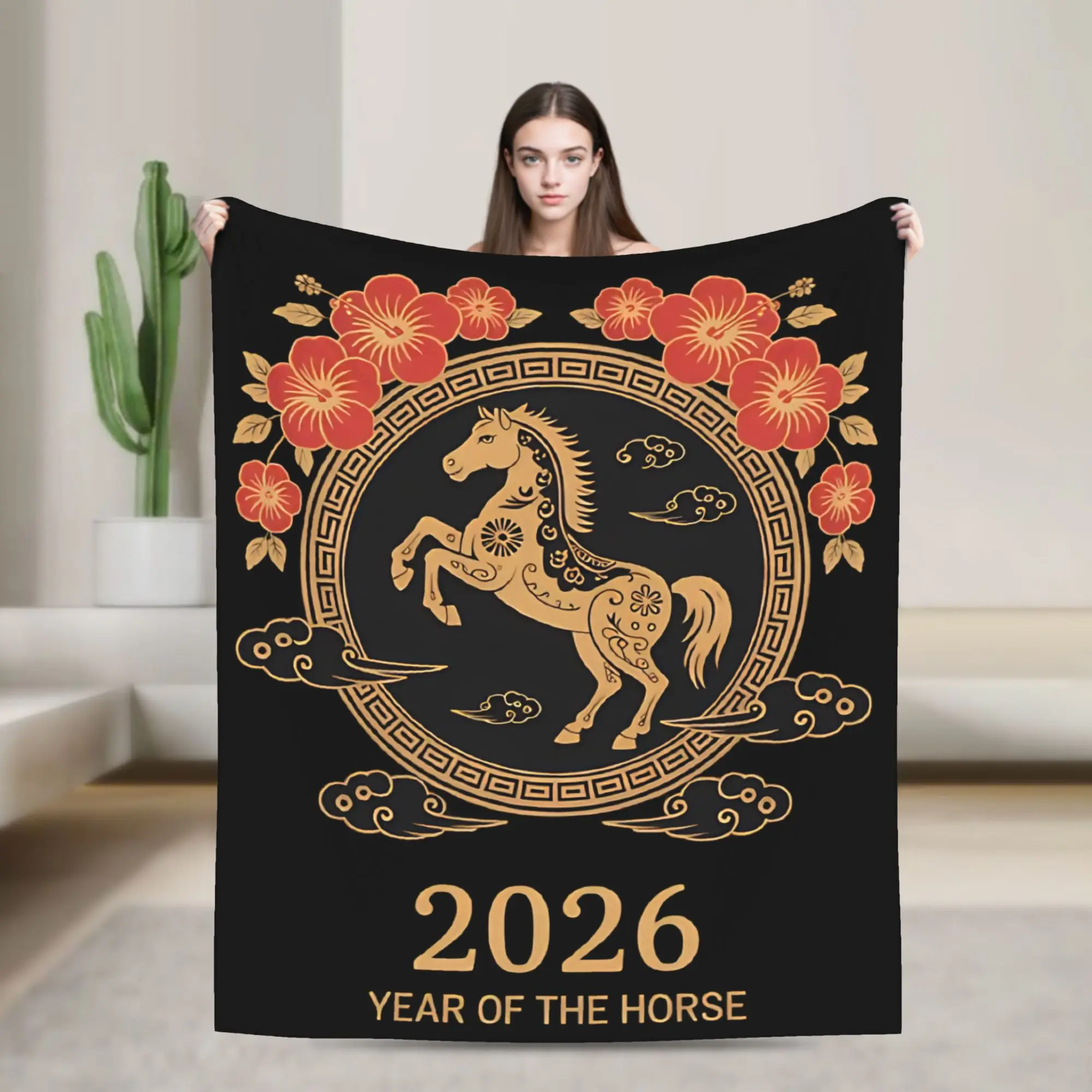 

Chinese New Year 2026 Year of The Horse Blankets Flannel Throw Blankets Summer Air Conditioning Portable Ultra-Soft Bedsprea,