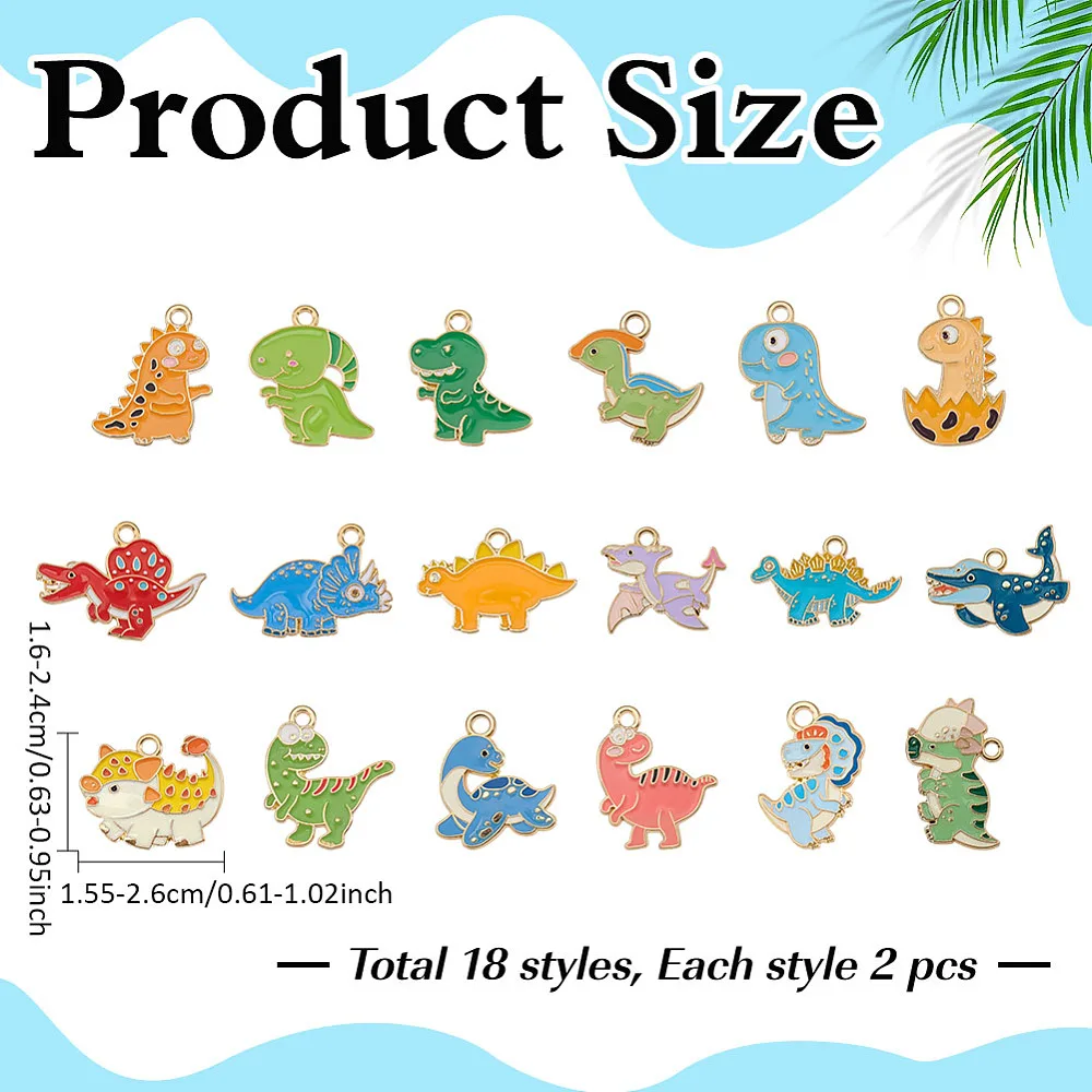 36Pcs Cute Enamel Dinosaur Charms Alloy Gold Plated Cartoon Dinosaur Charms Animal Dangle Pendants Dinosaurs Charm Pendnant