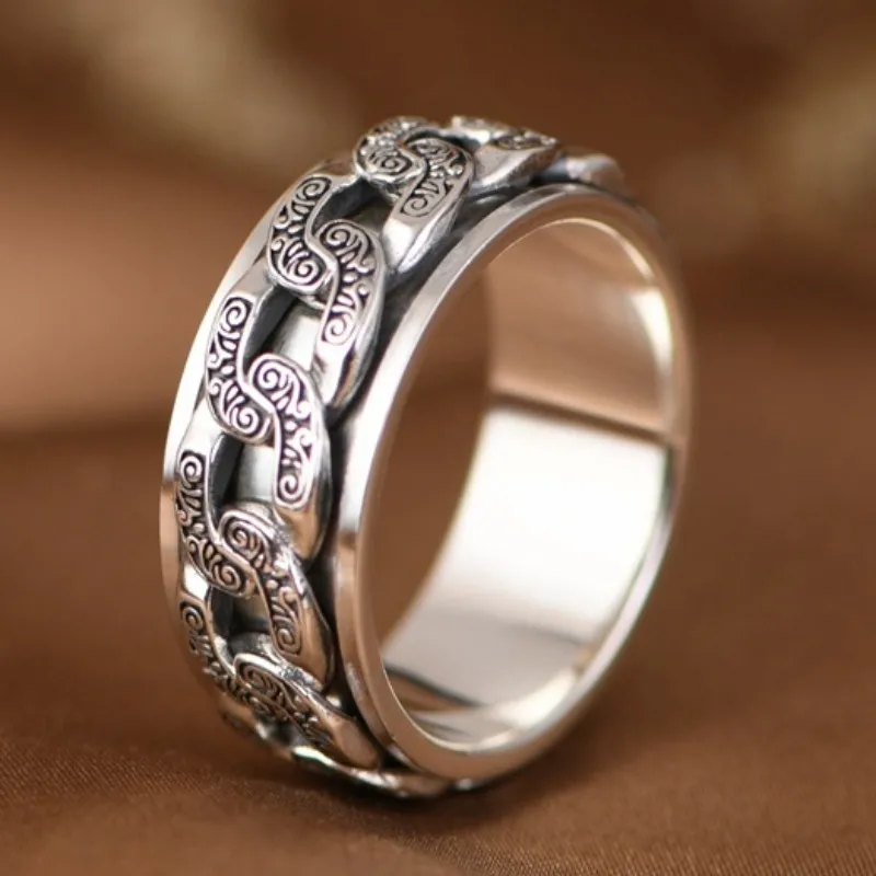 BOCAI S925 Sterling Silver Rings for Men Women  New Fashion Vintage Eternal Vine Chain Rotatable Argentum Amulet Jewelry