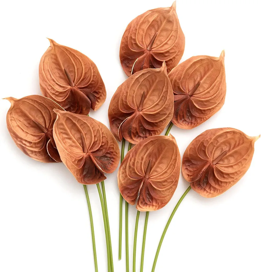 YeeNanee 12pcs Artificial Anthurium Flowers Room Decoration Terracotta PU Anthurium Leaf Stem Plant for Home Table Arrangements