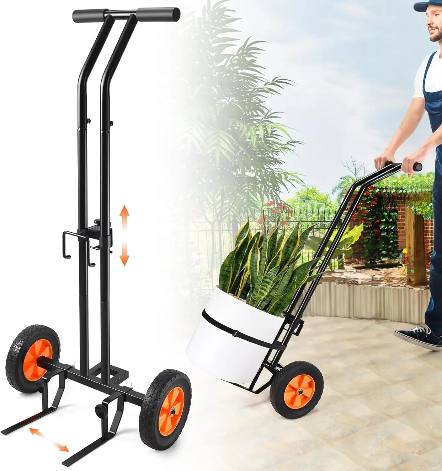 Plant Caddy with Wheels, Heavy Duty Plant Mover Cart with Adjustable Grabbing Arm and Strap, 175 LBS T-Handle Plant Dolly with Suction Cups for Plant Pots Garden Pot Trolley Indoor Outdoor Use, Black