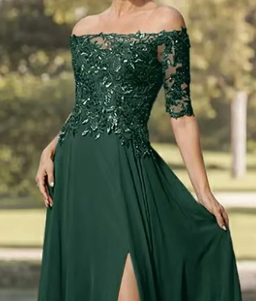 Customized Sexy Chiffon A-Line Off the Shoulder Lace Evening Dress High Quality Half Sleeves Boat Neck Floor Length prom dresses