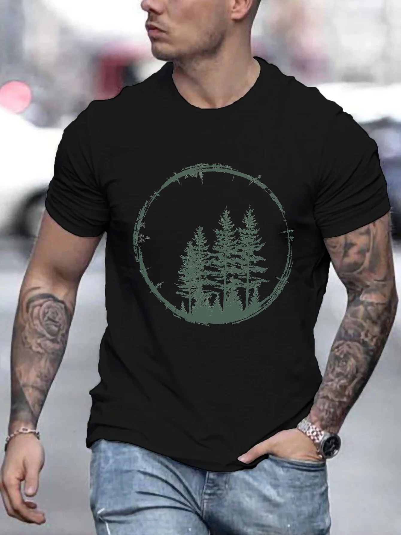 

Мужская повседневная футболка с рисунком Pine Trees — с коротким рукавом, хлопок, черная с геометрическим лесным принтом, круглый вырез