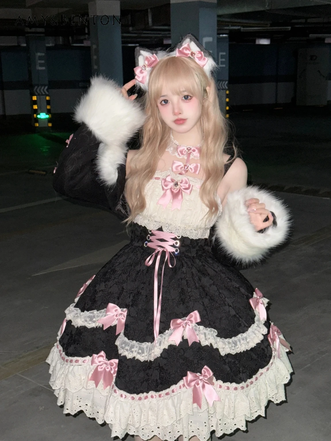 

Christmas New Year Atmosphere Princess Dress Set Cute Girl Style Lolita Plush Short Jacket JSK Slim Puff Dress Autumn Winter