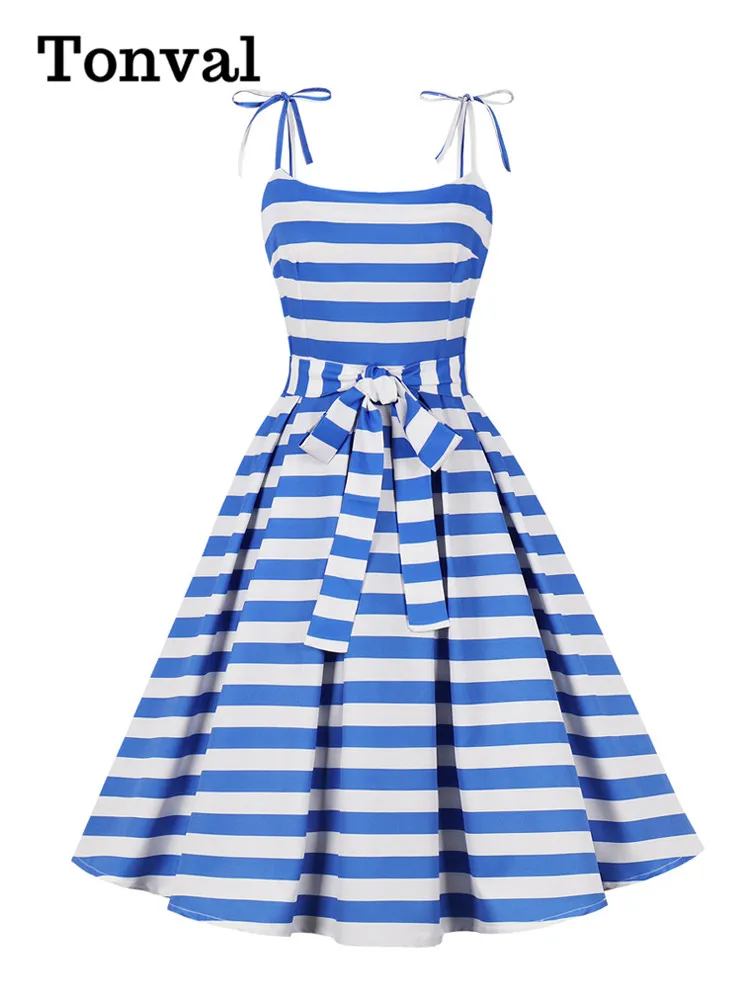 

Tonval Blue and White Stripes Summer Dress Women 2023 Bow Tie Strap Fit and Flare 50s Pinup Pleated Vintage Dresses