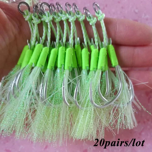 20 par/bolsa anzuelos de asistencia de doble púas anzuelos de señuelo de plantilla brillante accesorios de señuelo de pesca de acero alto en carbono anzuelos de Jigging lento pesca