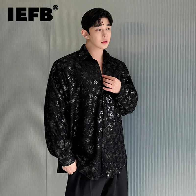 

IEFB Temperament Men Wear Turn-down Collar Shirt Long Sleeve Sequin Mesh Spliced Design Male Top 2024 Autumn New Trend 9C7228