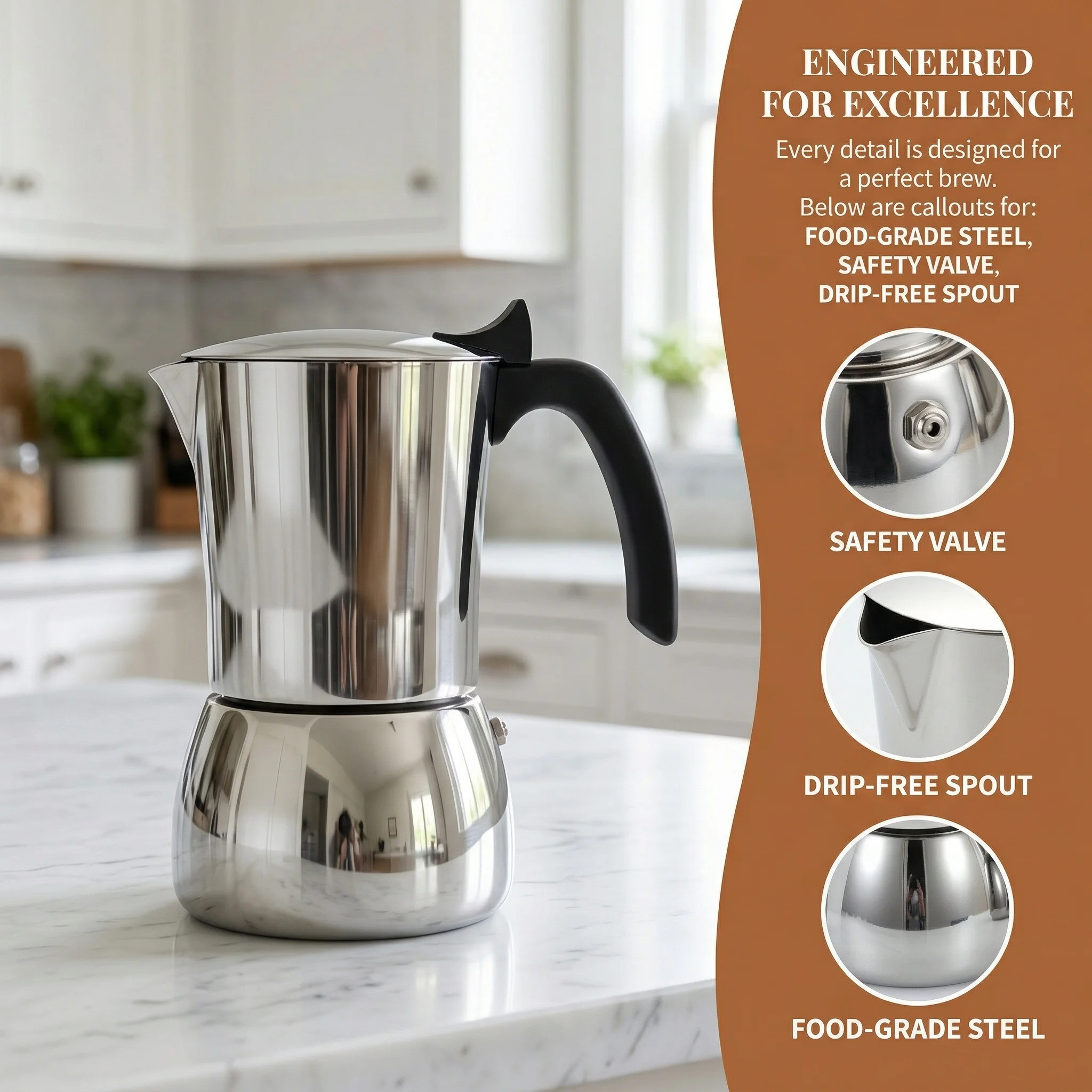 4/6 Classic  Stainless Steel Moka Pot. For Home/Office/Outdoor. Works on Induction & Gas