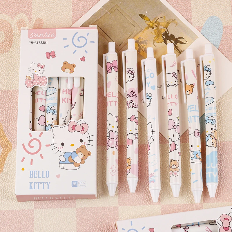 6Pcs Kawaii Sanrio Hello Kitty Gel Pen Cute Cartoon High Appearance Press Neutral Pen School Stationery Supplies Student Gifts