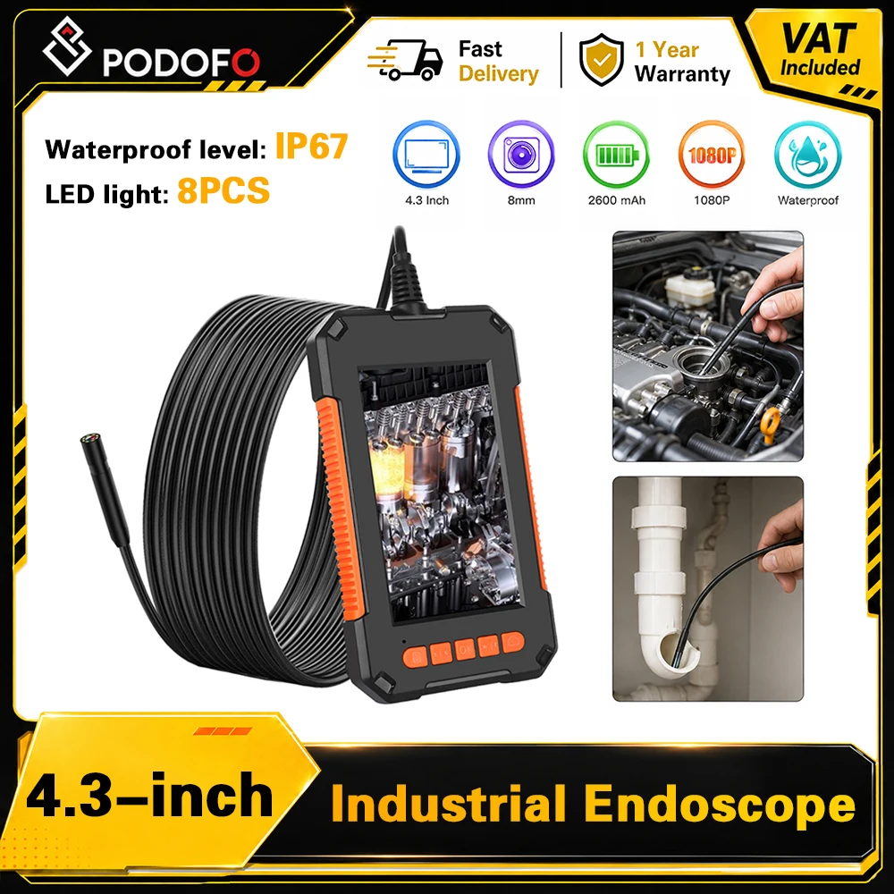 Podofo 4,3 Zoll LCD HD1080P Industrie-Endoskop Boreskop 8mm Linse 10m Hartkabel IP67 Wasserdichte Inspektionskamera 8 Einstellbare LEDs 2600mAh Akku Unterstützt Foto- und Videoaufnahme Plug-and-Play