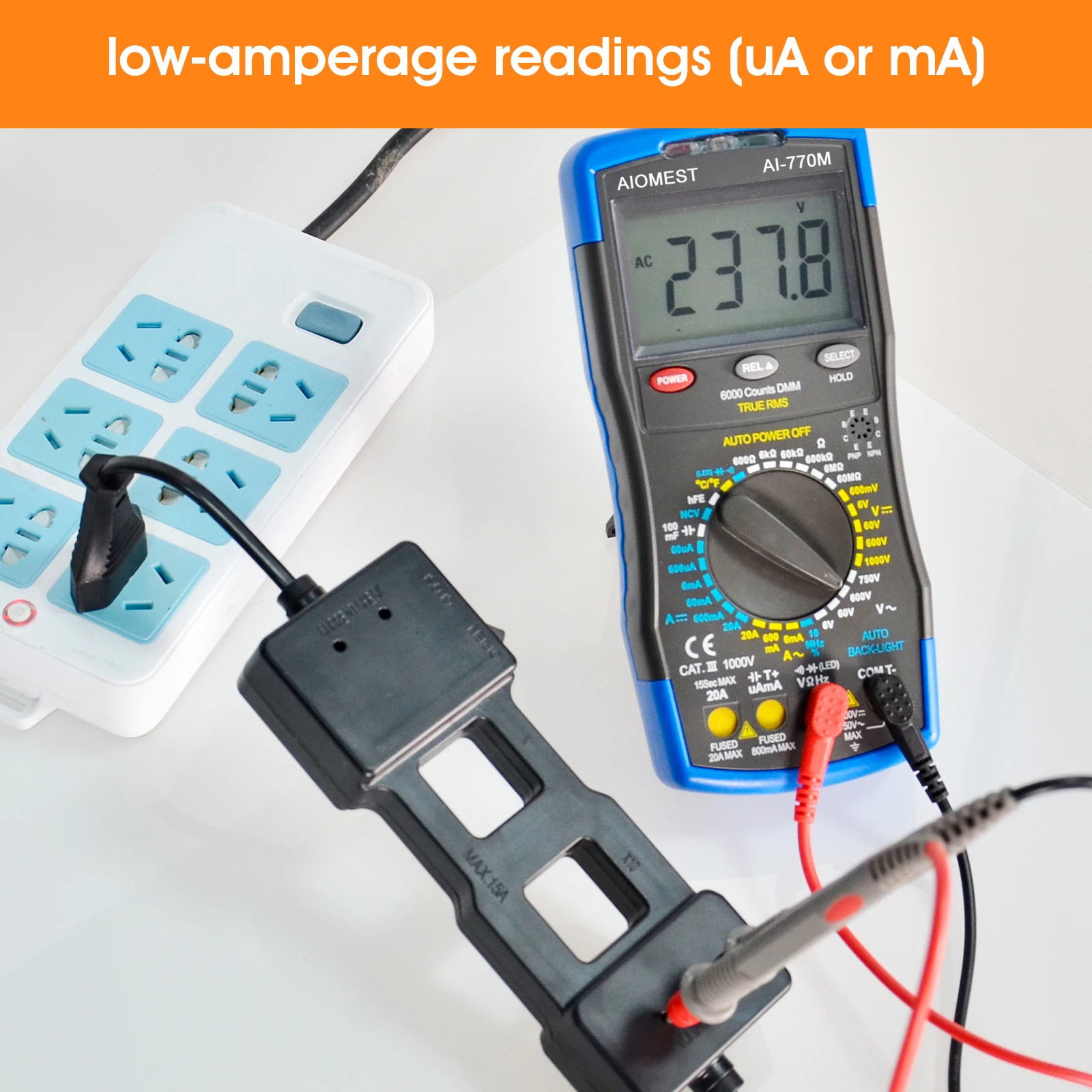 Divisor de línea CA 10x/probador de receptáculo, voltaje de funcionamiento CA 100 ~ 230 V, corriente nominal máxima de 15 A negro (HP-7400A)