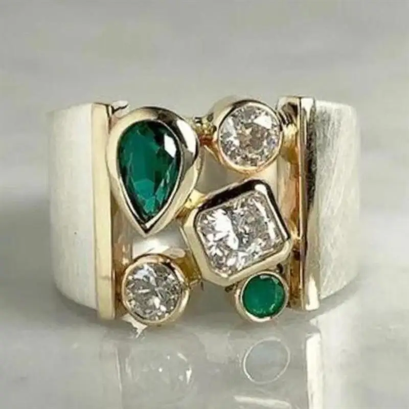 Huitan Damen-Ring in zwei Farben, eingelegt mit funkelndem geometrischem Zirkonia, besonderes Design, Party- und Abendaccessoires, edler Damenschmuck