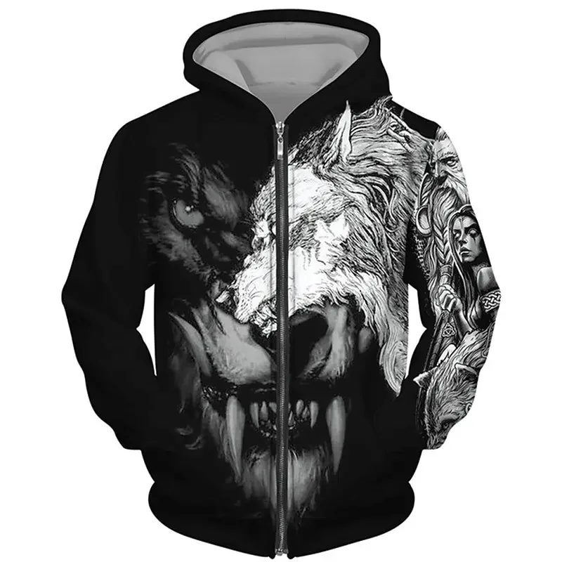 Wolf Zip Hoodie For Men Sweatshirt 3d Animal Print Spring Autumn Long Sleeve Casual Men's Oversize Loose Hoodies Vintage Clothes