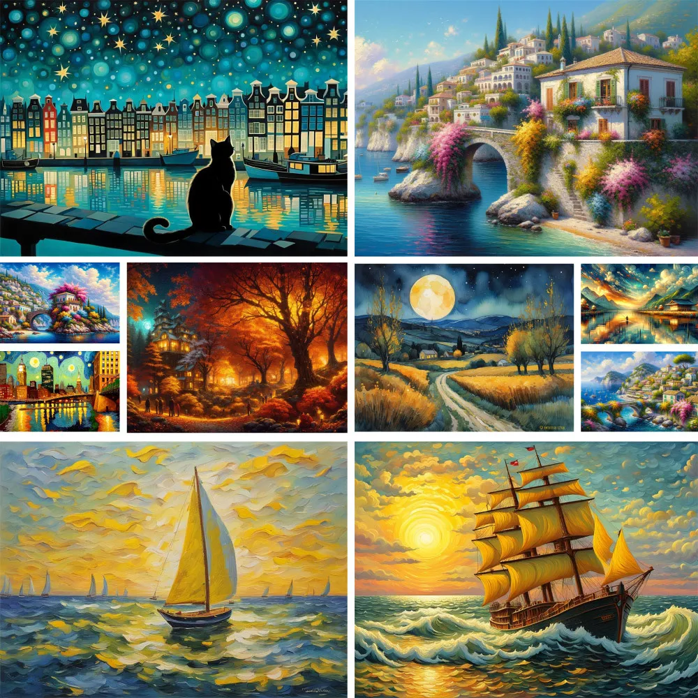 

Landscape Sunset Ship Cross Stitch DIY Embroidery Full Kit Handicraft Needlework Handiwork Painting Home Decor Needle Stamped