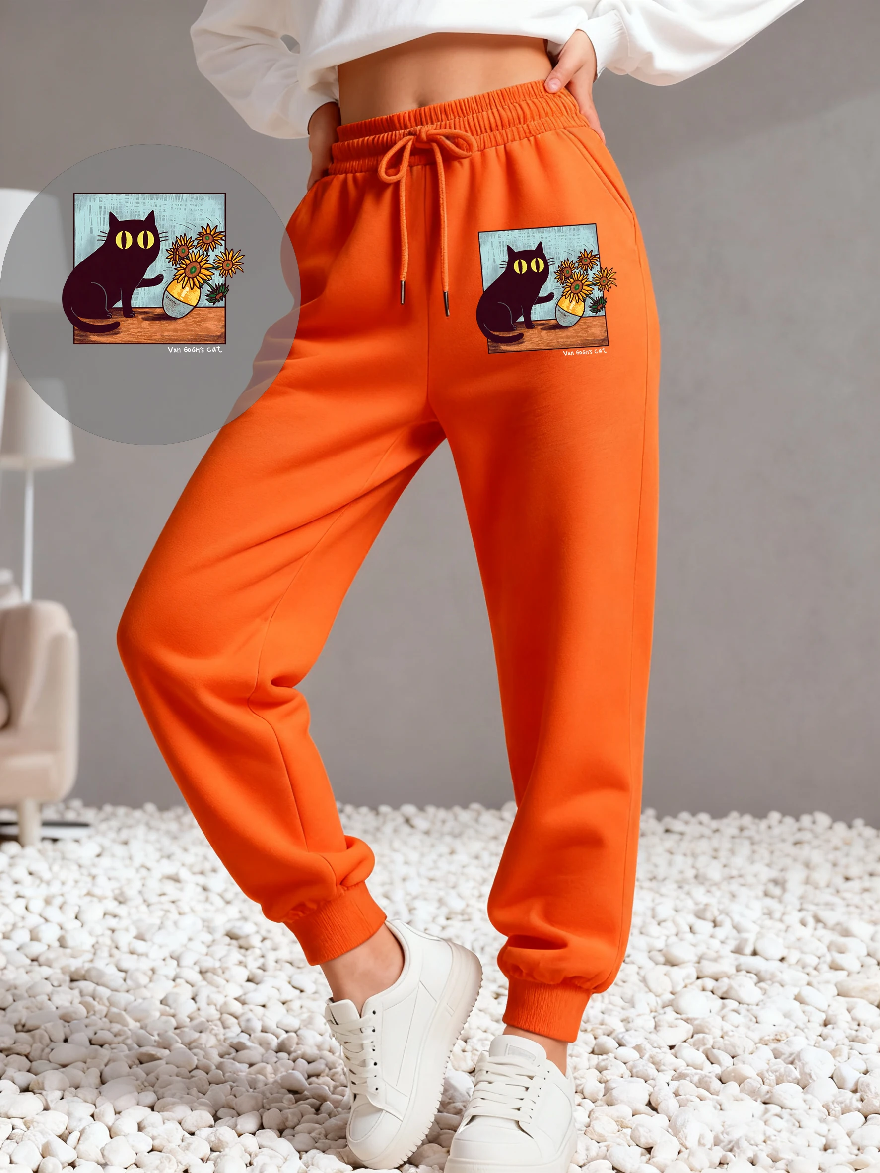 Sonnenblumen Ölgemälde Katze Druck Frauen Jogginghose Sport Fleece Jogging Hosen Mode Herbst Hosen Kordelzug Tasche Hose