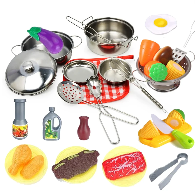 子供用キッチンおもちゃ,キッチンおもちゃセット,ステンレス製調理器具とアクセサリー,28個