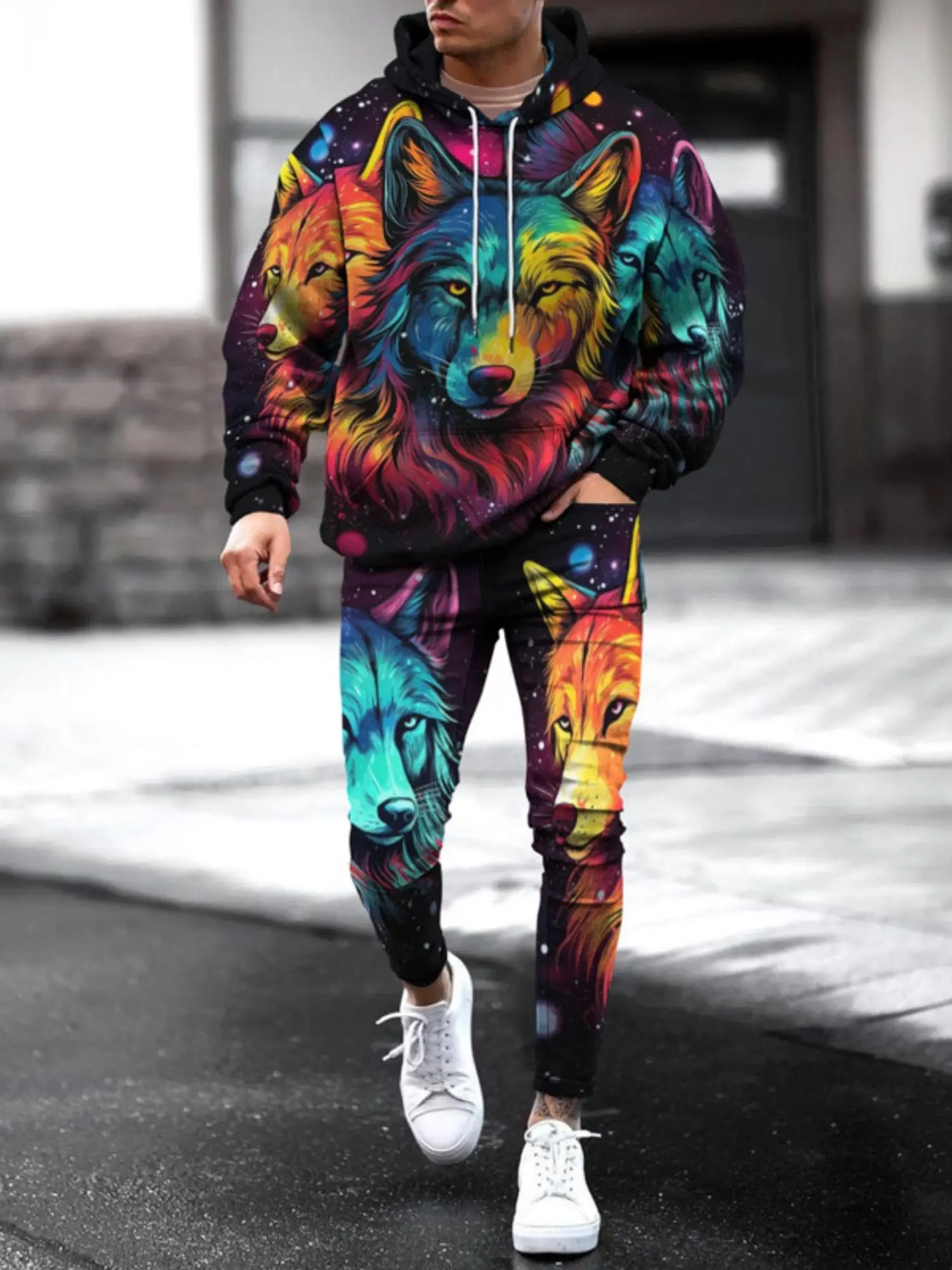 Men\'s 3D Printed Novel Wolf Hoodie Set Adult Two piece Sportswear Sweatshirt Casual Street Sweatpants Suit Men Women Universal