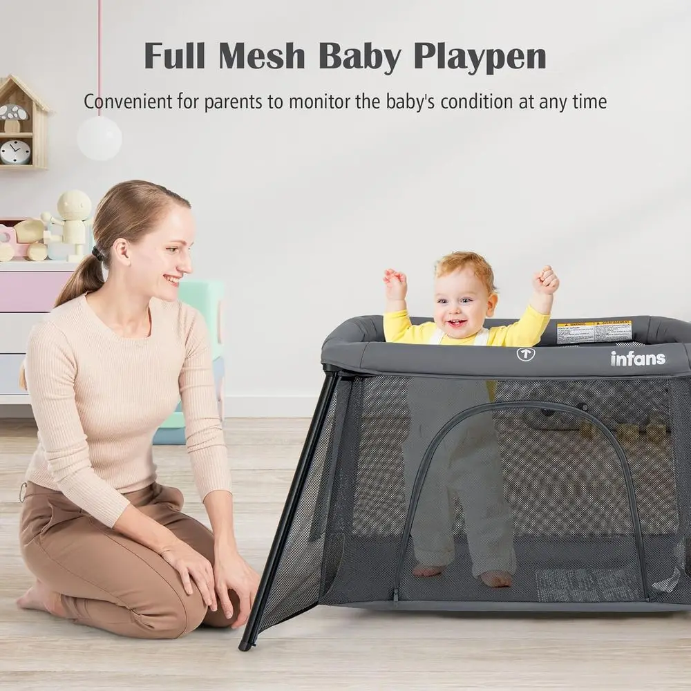 コンパクトなベビーサークル、取り外し可能なベビーベッド、ソフトマットレス、新生児から幼児まで使えるキャリーバッグ付き、ダークグレー