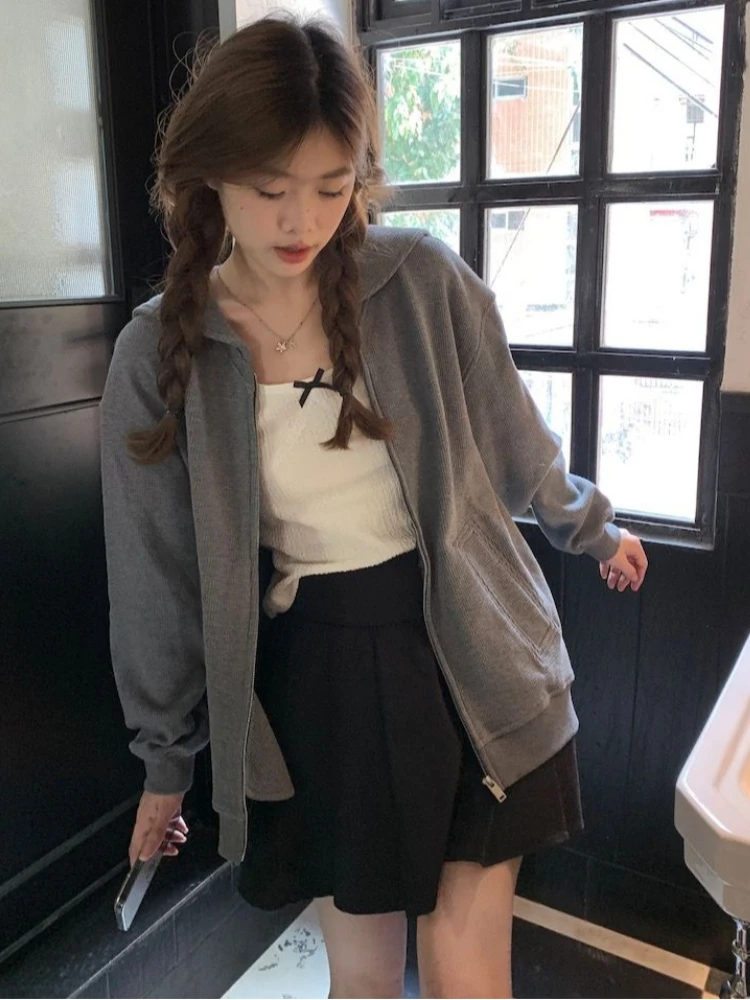 Preppy stijl hoodies matrozenkraag gestreept contrastkleur lange mouwen zakken rits sweatshirt casual losse 2025, dameskleding