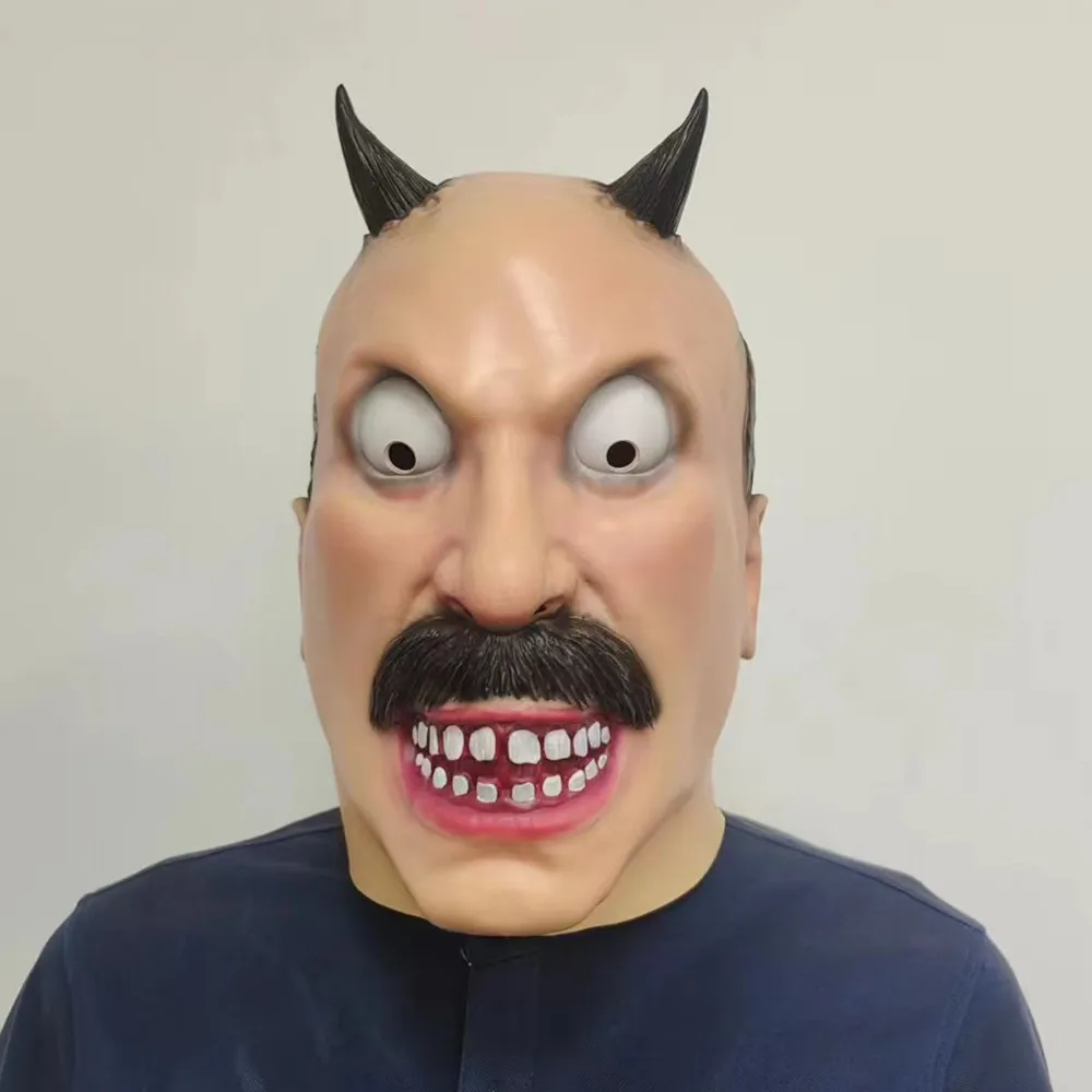 Lustige Gruselige Dämonen-Maske aus Latex mit Hörnern, Schnurrbart und Hervortretenden Augen für Erwachsene, Halloween-Cosplay, Maskerade-Party-Requisiten – Detail 2
