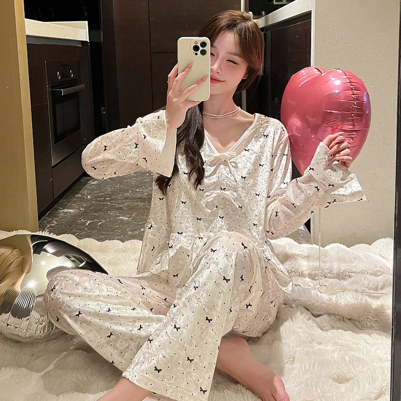 パジャマセット超ソフトコットンプリント女性用アイスシルク秋クルーネックフルレングススムーズ冷却ライトエレガントシンプルレディースパジャマ