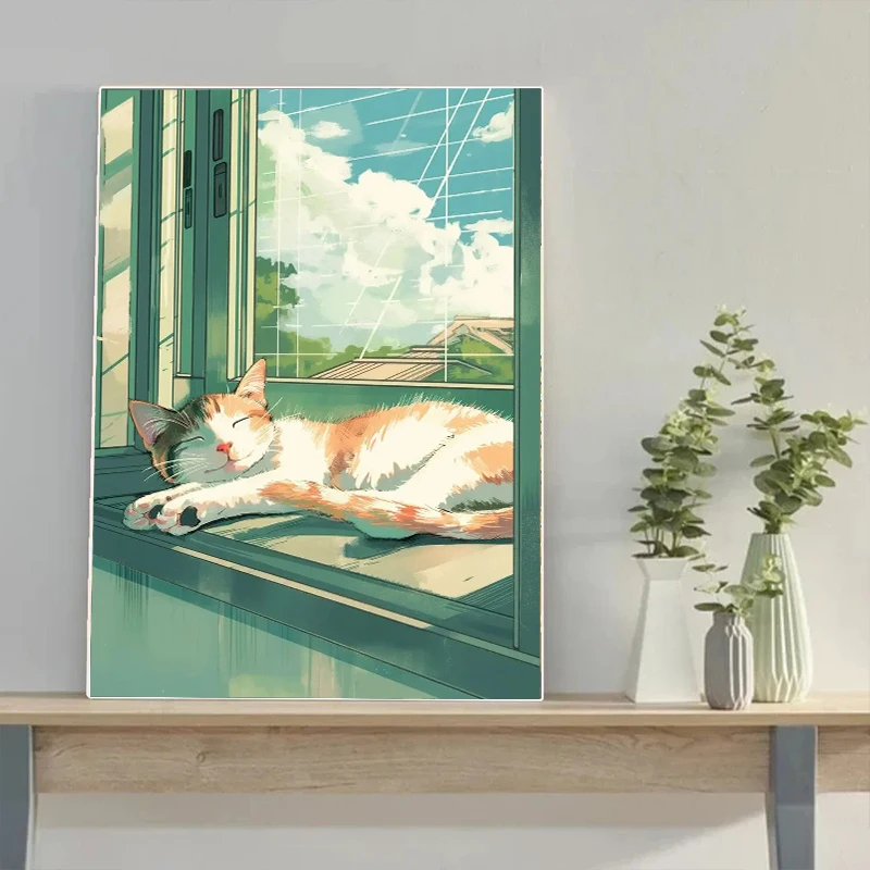 1pc frameless Canvas Painting Cartoon Lazy Cat Poster and Print Canvas Painting Cat Sleeping on Windowsill Wall Art Picture for