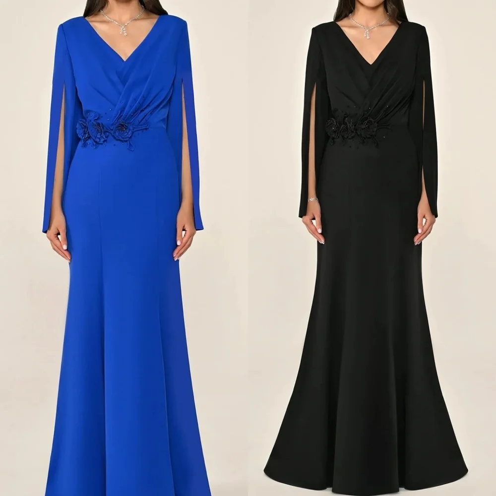 

Customized Chinese Style High Quality Jersey Beading Handmade Flower Pleat Straight V-neck Long Dresses Bespoke Occasion Dresses