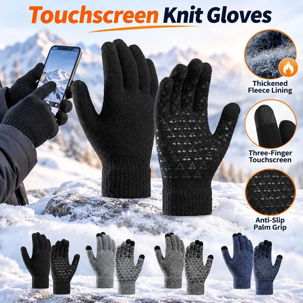 Warm and Windproof Gloves Thick Knitted Gloves Made of Velvet For Autumn Winter Cycling Three-Finger Touchscreen Compatiblity