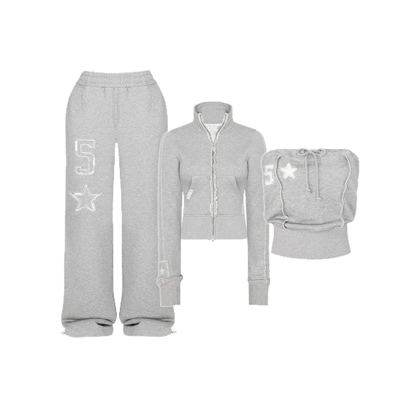 Gothic Women's Zipper Sweatshirt Pants Two Piece Set Y2K Harajuku Letter Patch Embroidery Retro Large Jacket Pants Set