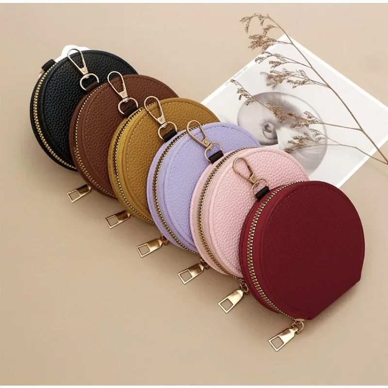 

Customized LOGO Keychain Blank Laser Engrave PU Leather Women's Zipper Coin Purse Portable Round Mini Personalized Hanging Bag