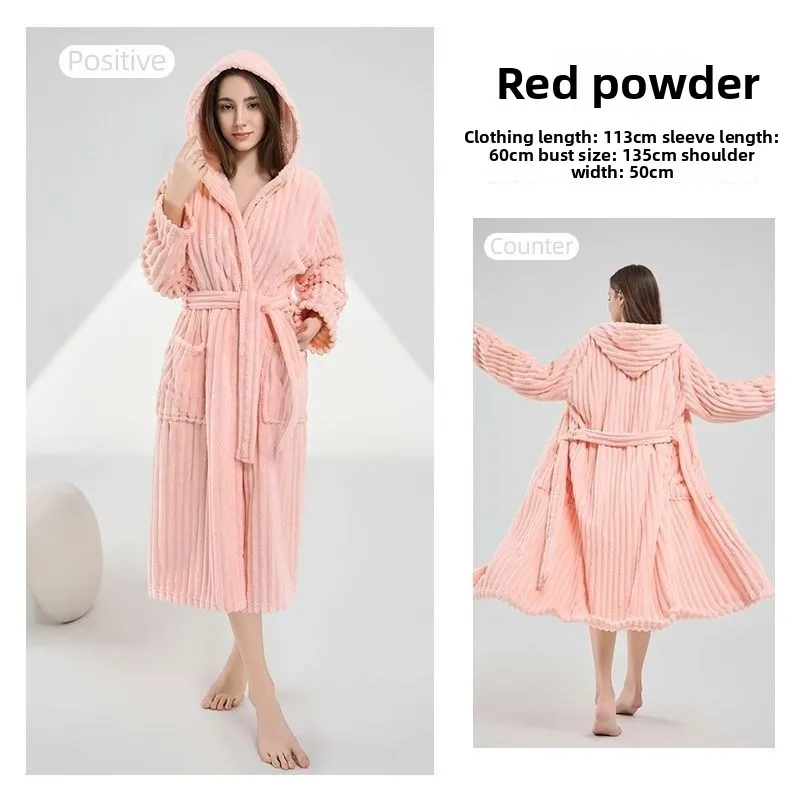 Plus Size Warm Winter Women Hooded Bathrobe Candy Bar Coral Fleece Nightgown Absorbent Quick Drying Breathable Skin Friendly
