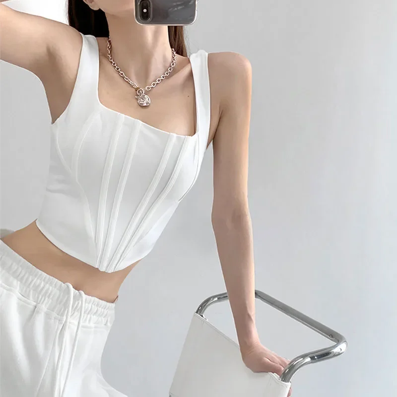 

Women's Summer Crop Tops, Sexy Square Neck, Tight Backless Short Top, Sleeveless Tank Tops, Casual Solid Color, Basic Camisole