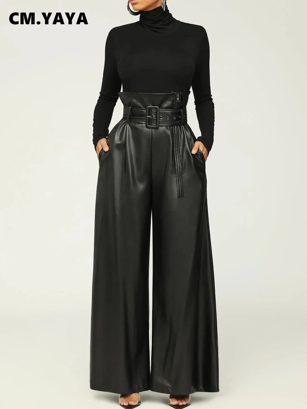 Women Fashion Faux Leather High Waist with Sashes Zipper Side Wide Leg Loose Pants 2024 Autumn Winter Street PU Trousers