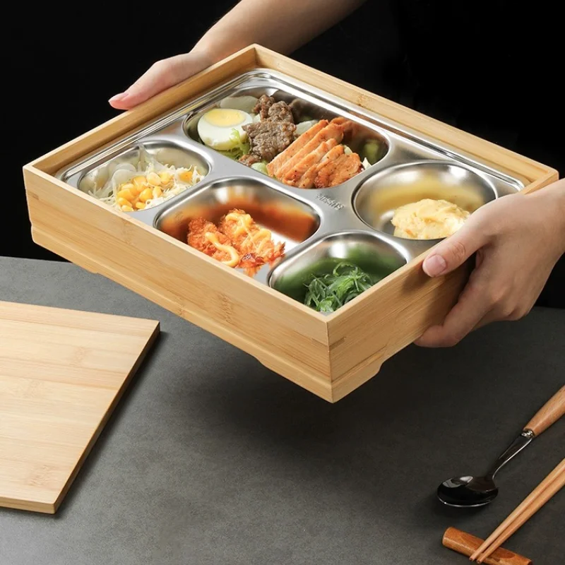 Japanese Style Bamboo Bento Box, High-end 304 Inner Container Lunch Box, Hotel Partition Plate, Commercial Lunch Box