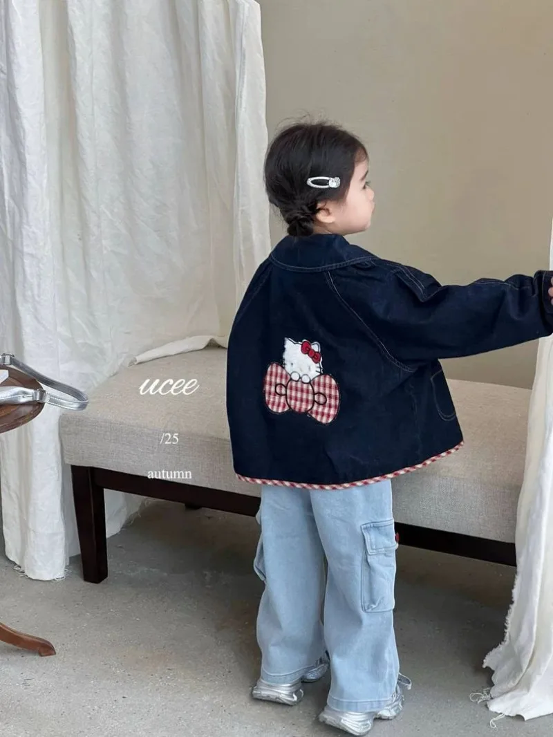 

Kawaii Hello Kitty Sanrio Student Cute Cartoon Long Sleeve Denim Coat Children Comfortable Warm Jacket Blouse Gift for Kids
