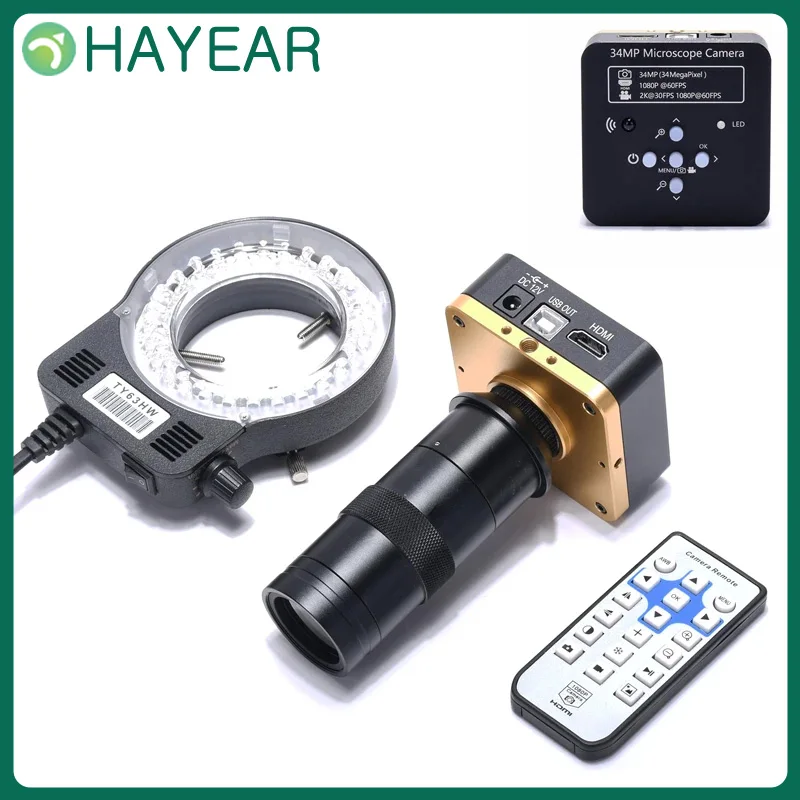 

HAYEAR 100X Objective Lens 56 LED Ring Light 34MP HDMI-Compatible USB Digital Microscope Camera for Mobile Repair Soldering