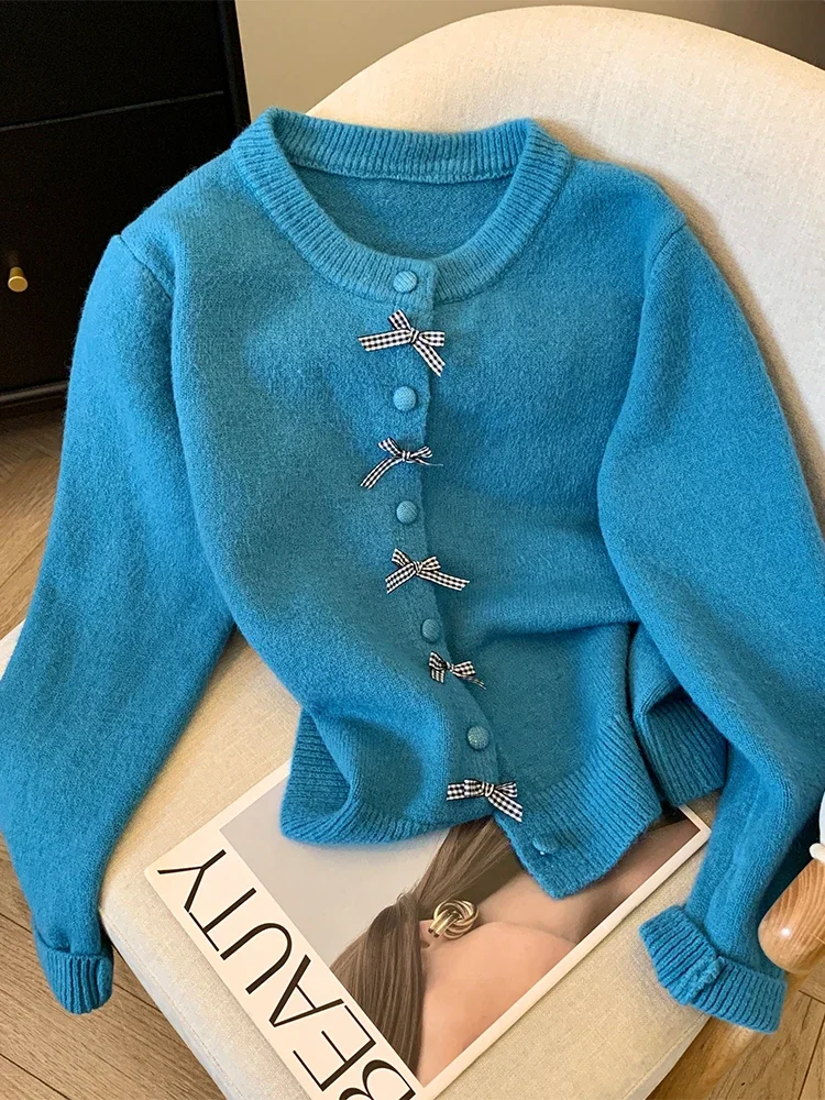 Women Blue Bow Cardigan Cashmere Sweater Harajuku Korean Y2k Long Sleeves Sweaters Jumper 90s Vintage 2000s Clothes Autumn 2024