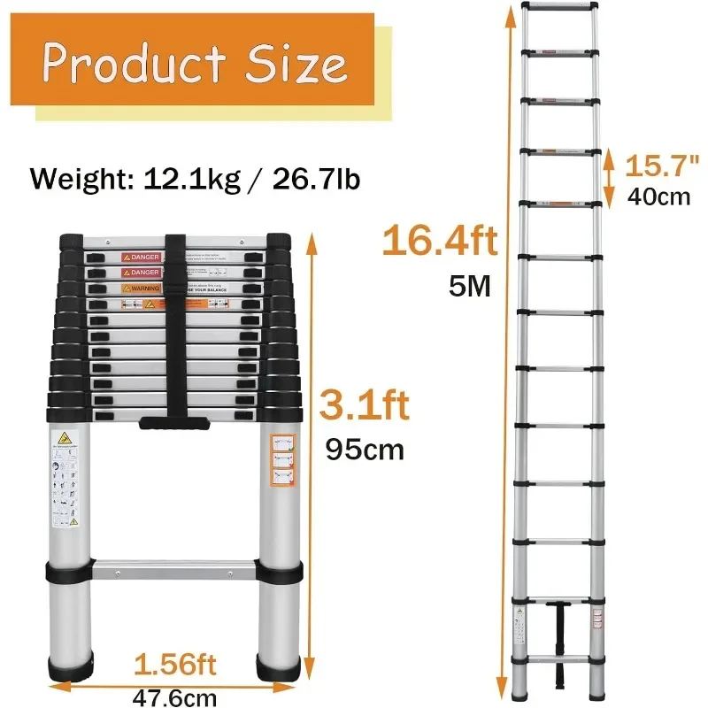 16.4FT 5M Telescoping Ladder Aluminum Multi-Purpose Extension Ladder EN131 Standard, 330lbs Load, Portable Folding Ladder,